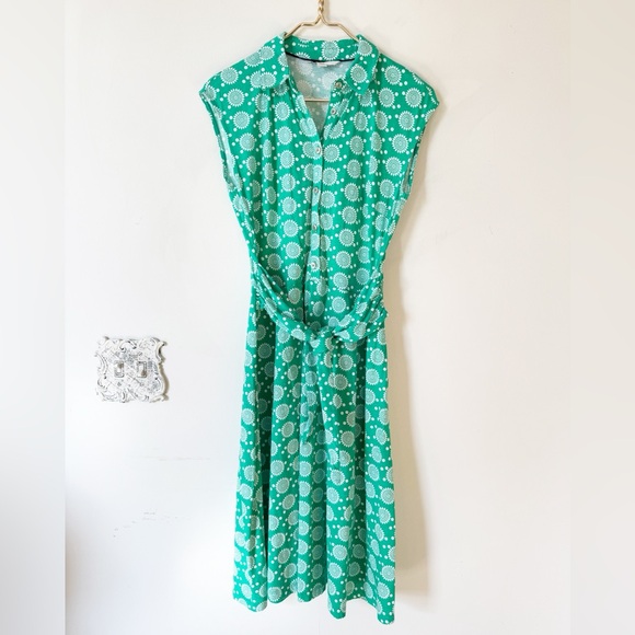Boden Tie Waist Jersey Shirt Dress Green Floral Sun Geometric Print 6 Pockets - Picture 2 of 9